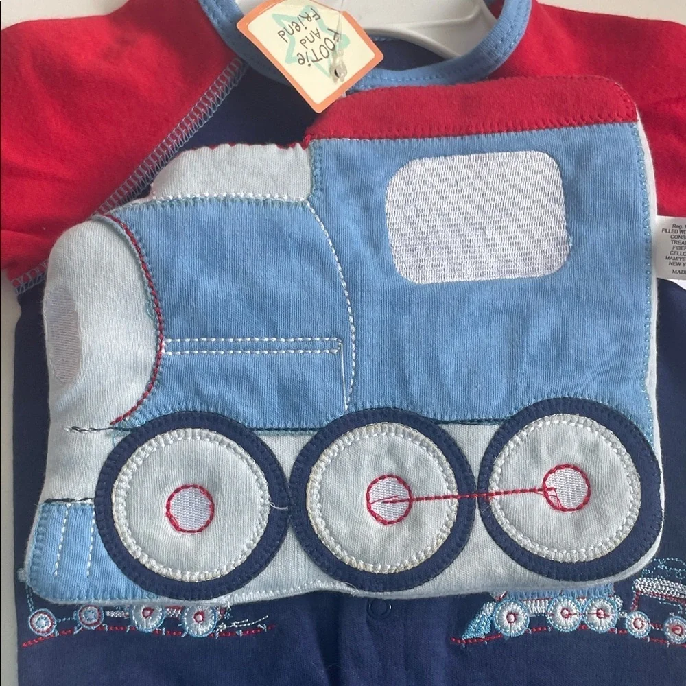 Red and Blue Train-Themed Baby Onesie